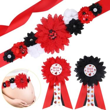 Imagem de JOYMEMO Kit de faixa de maternidade para chá de bebê joaninha – vermelho e preto A Little Ladybug Is On The Way Cinto de barriga para chá de bebê e mãe para ser e pai para ser corsage, artigos de