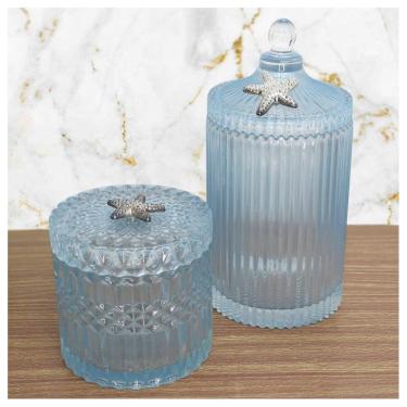 Imagem de Kit 2 Bomboniere De Vidro Grosso Azul Com Detalhe Em Metal