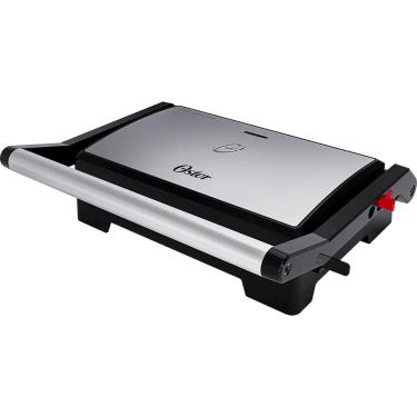 Imagem de Sanduicheira Mini Grill Elétrico Oster Inox 2 em 1 com Chapas Ondulada e Lisa, Potência de 1000W e Abertura 180° - OGRL230