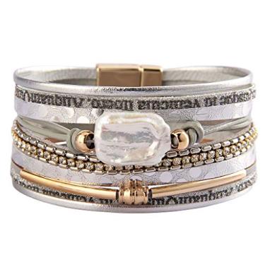 Imagem de AZORA Pulseira feminina de couro barroco pérola envolvente pulseiras lindas pulseiras de ouro feitas à mão, joias boêmias, presente para mulheres, 7.5 inches, Couro, arenito
