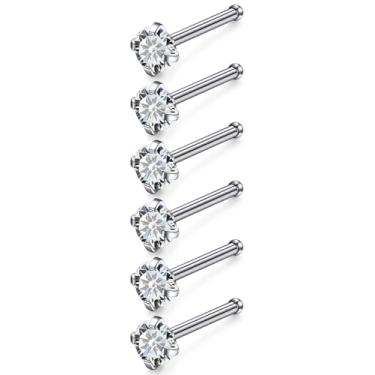 Imagem de Qiwnswoy Piercing de nariz de aço cirúrgico/titânio, 6 peças, piercing de nariz em forma de L, joia corporal para mulheres, 22 g/20 g/18 g, Metal Cristal, Zircônia cúbica