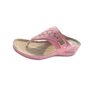 Imagem de Sandálias femininas casuais com suporte de arco e fivela e tira de fivela, chinelos femininos para verão, praia, banheiro, sapatos de couro à prova d'água, rosa, 39