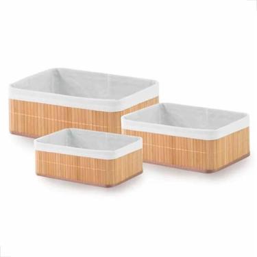 Imagem de Kit 3 Cestos Organizadores de Bambu com Forro Removível Decoraçao e Mu