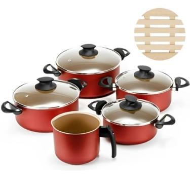 Imagem de Jogo de Panelas 05 Peças Antiaderentes C/Tampas de Vidro + 05 Descansos de Panela Redondos Madeira 14,5cm