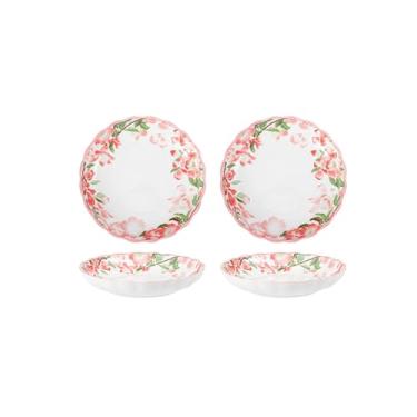 Imagem de Prato de café da manhã redondo profundo japonês criativo e personalizado, conjunto de utensílios de mesa de cerâmica estilo chinês - prato de 20 cm - flor de romã - 2 pacotes