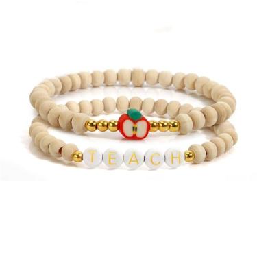 Imagem de QLUYCKW Pulseira de contas de madeira para professores, exclusiva, feita à mão, empilhável, maçã, amor, professor, letra, contas, formatura, joias de fim de ano, Medium, Zinco, Sem Pedra Preciosa