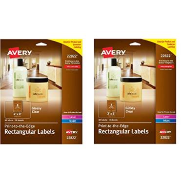 Imagem de Etiquetas retangulares Avery 22822 com garantia de alimentação, impressoras a laser e jato de tinta, 5 cm x 7,6 cm, 80 etiquetas transparentes brilhantes (pacote com 2)