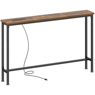 Imagem de SUPERJARE Mesa de console de 14 cm com tomada, mesa de sofá, mesa atrás do sofá, 15 x 100 x 73 cm, moldura de metal, para sala de estar, corredor, marrom rústico