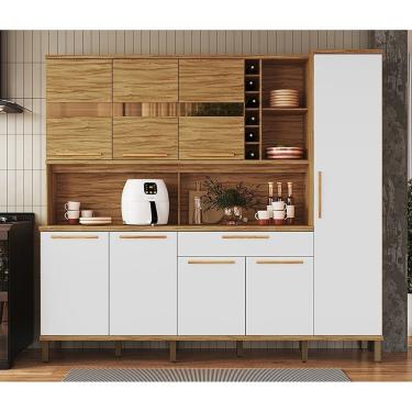 Imagem de Cozinha Compacta 222cm com 8 Portas 1 Gaveta e Mini Adega 100% Mdf Suécia Espresso Móveis Amêndoa/Branco