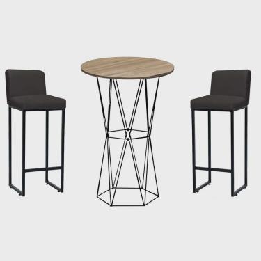 Imagem de Kit Mesa Bistrô Flork e 2 Banqueta Lucca Alta Com Encosto Bar Gourmet Tampo Madeira Ferro Preto Sintético Cinza - Ahazzo Móveis