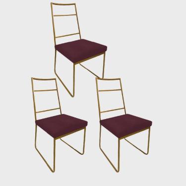 Imagem de Kit 03 Cadeiras Sala de Jantar Escritório Office Stark Industrial Ferro Dourado Suede Bordô - Ahz Móveis