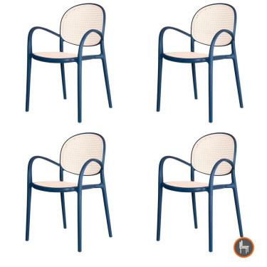 Imagem de Kit 4 Cadeiras Empilhável Portofino Fratini Polipropileno Cor Azul e Assento Simulando Palha Natural