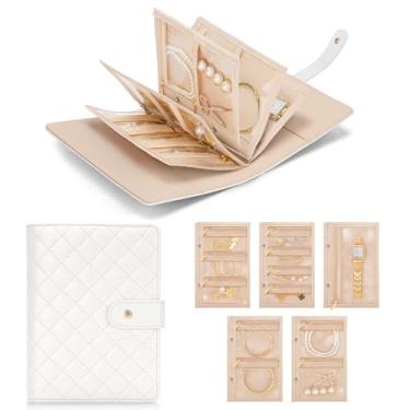 Imagem de WOOMADA Estojo organizador de joias de viagem, livro dobrável de armazenamento de joias de veludo com bolsa de zíper transparente para anéis, colares, brincos, pulseiras (creme)
