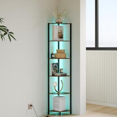 Imagem de ZIYOO Prateleira de canto de 6 camadas com luz, prateleiras de canto de LED de 165 cm de altura, prateleiras de canto com moldura de metal, estante de canto para quarto, sala de estar, escritório em