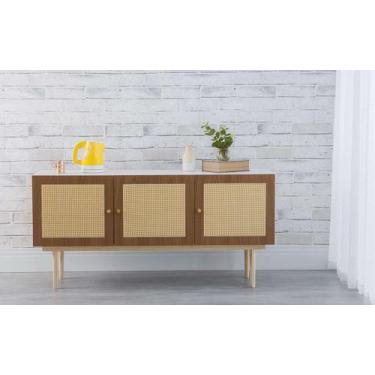 Imagem de Balcão Buffet Pés Palito Madeira 3 Portas Mdf E Palhinha Estilo Retrô 