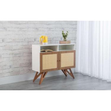 Imagem de Balcão Buffet Pés Jatobá Mdf Branco 2 Portas Com Nicho Mdf Freijó E Pa