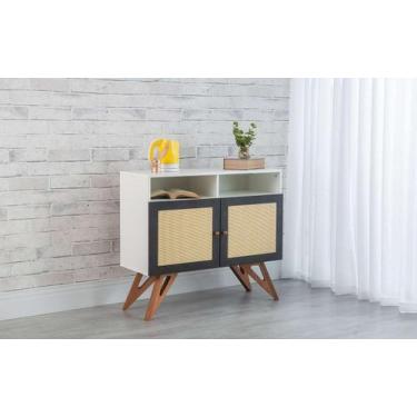 Imagem de Balcão Buffet Mdf Branco Pés Jatobá 2 Portas Com Nicho Mdf Preto E Pal