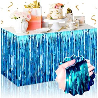 Imagem de Pacote com 3 saias de mesa com franja azul lago metálico, flâmulas de estanho, faixa de fundo para desfile, aniversário, ação de graças, Natal, decorações de festa de Halloween (73 x 272 cm)