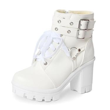 Imagem de MEOTINA Botas pretas de plataforma gótica para mulheres, elegantes e grossas, com fivela, botas góticas, com zíper, rebites, sapatos de rave, Tornozeleira gótica branca, 33