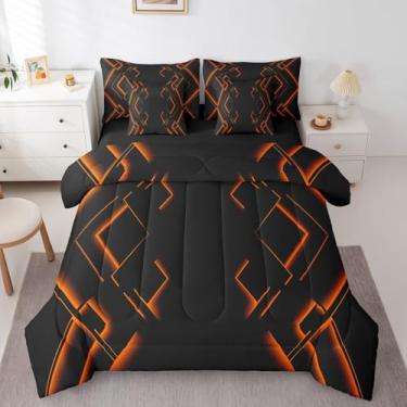Imagem de jejeloiu Conjunto de edredom preto e laranja com lençol de solteiro, 7 peças, abstrato, ombré, para meninos, adultos, adolescentes, luxuoso, simples, moderno, geométrico, listras, arte geométrica,