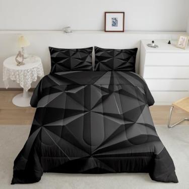 Imagem de jejeloiu Conjunto de edredom geométrico, tamanho Queen, geométrico, para meninos, meninas, adolescentes, listras, respirável, geométrico, quadrado, conjunto de colcha de losango, arte moderna