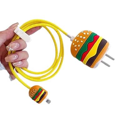 Imagem de AUGEN Capa protetora com design 3D de desenho animado para carregador adaptador de energia USB-C de 20 W, capa de cabo de dados Lightning de desenho fofo para carregador de iPhone (Burger, pacote com