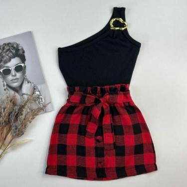 Imagem de Conjuntinho Infantil Roupa Festa Junina Blusa Mula Manca E Saia Xadrez