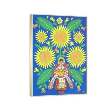 Imagem de RYLJCZ Impressão de arte famosa por Maria Primachenko. Famosa reprodução de pintura. Imagens em tela emoldurada para decoração de sala de estar (pão ucraniano) 40 x 60 cm (15,8 x 23,7 pol