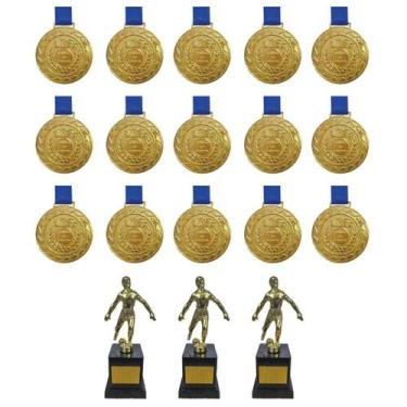 Imagem de Kit C/15 Medalhas Ouro M43+3 Troféus Jogador Artilheiro Ouro - Crespar