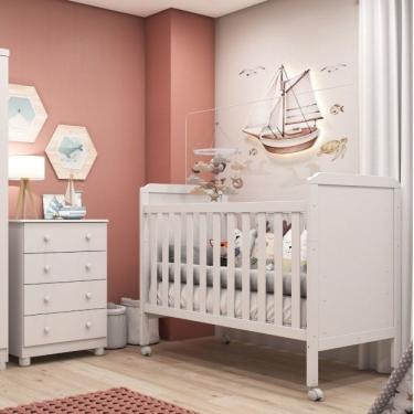 Imagem de Conjunto Para Quarto De Bebê Com Berço 2 Em 1 Cloe Cômoda 4 Gavetas Júnior Móveis Peroba Branco Brilho