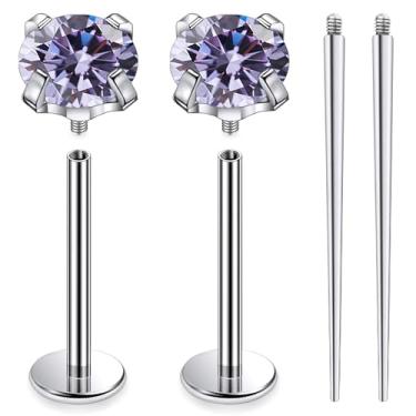 Imagem de Ruifan ASTM F136 titânio bochecha piercing barra jóias internamente rosca plana língua anéis roxo zircônia cúbica sólido titânio labret piercing corporal joias para mulheres homens 16G 19 mm