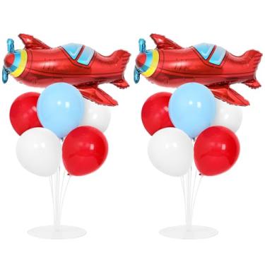 Imagem de Airplane Birthday Party Balloons Stand Kit 2 Sets with 2 Plane Helicopter Foil Balloons Red Blue White Balloon Centerpiece for Tables for Adventure Time Flies Birthday Baby Shower Party Decoration