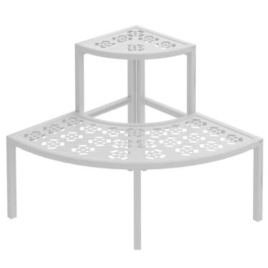 Imagem de aboxoo Suporte Para Plantas De 2 Níveis, Vasos Flores Pátio, Prateleira Canto Em Estilo Escada Metal Resistente, Exibição Um Quarto Volta, Uso Interno E Externo (Branco, Semicírculo)