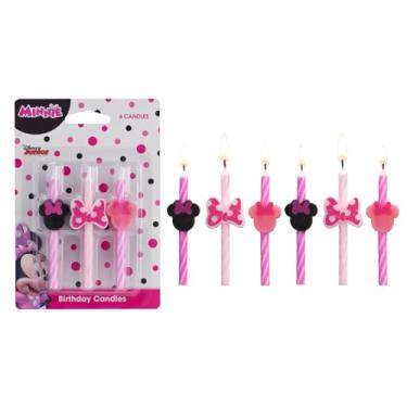 Imagem de Velas de bolo de aniversário Minnie Mouse da Disney | 6 velas de aniversário para decoração de bolos, velas listradas rosa, topos de bolo para festa da Minnie Mouse