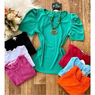 Imagem de Blusa feminina princesa bufante gola rasa manga curta malha canelada e