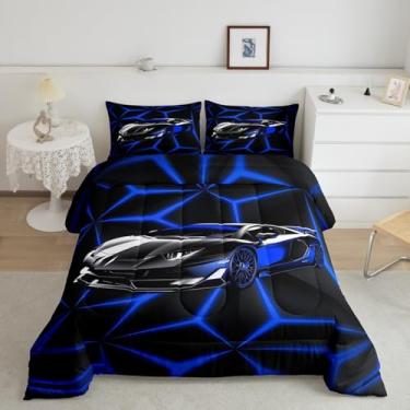 Imagem de meiyoeat Jogo de cama casal de carro esportivo de corrida, para meninos, meninas, adolescentes, geometria azul, para decoração de quarto, 1 edredom com 2 fronhas