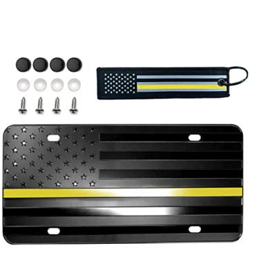 Imagem de American Black USA Emergency Dispatchers Safety Telecommunication Support Honoring Embossed Flag Custom Designed Aluminum 4 Hole License Plate (Yellow Line)