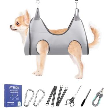 Imagem de ATESON Arreio de rede para cães de estimação para aparar unhas de cães médios, estilingue para cortar unhas, suporte para pendurar para cães com cortador de unhas, lixa de unha, tesoura