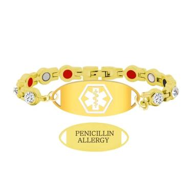 Imagem de Uloveido Pulseira de alerta médico para adultos idosos – Etiqueta de identificação de emergência gravada personalizada em aço inoxidável – Joias médicas à prova d'água banhada a ouro para diabetes
