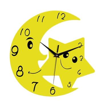 Imagem de Ｂｅｓｇａ Relógio de parede infantil fofo com lua e estrela, decoração fácil de pendurar, decoração para casa, relógios de parede silenciosos