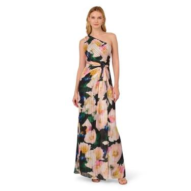 Imagem de Adrianna Papell Vestido de chiffon com estampa floral e decote de um ombro, Preto/Blush Multi, 52