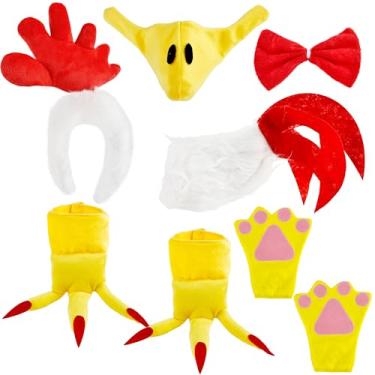 Imagem de 8 peças acessórios de fantasia de galo incluem faixa de cabeça de frango, máscara de nariz, laços, pés, sapatos, luvas amarelo-branco, fantasia de animal de Halloween para adereços de Halloween