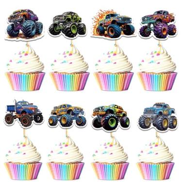 Imagem de 32 peças de topos de cupcake de caminhão monstro tema de carro picaretas de cupcake decoração de festa de aniversário de carro chá de bebê para meninos meninas chá de bebê crianças festa de