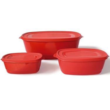 Imagem de Pote Plástico Kit 03 Peças Hermético com Tampa Freezer Microondas Retangular BPA FREE (Vermelho)