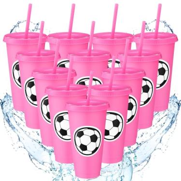 Imagem de Domensi Copos de plástico esportivos de futebol com tampa e canudo 680 g copos de plástico reutilizáveis copos de café presente para fã amigo convidado aniversário escritório esporte festa suprimentos