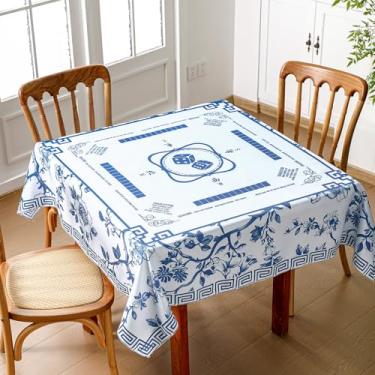 Imagem de Oudain Chinoiserie Mahjong Toalha de mesa floral azul e branca toalha de mesa quadrada 137 x 139 cm capa de mesa de jogo com regras de jogo para iniciantes Mahjong, cartas, jogos de tabuleiro