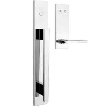 Imagem de Kwikset Conjunto de fechadura e fechadura da porta da frente Caerus, maçaneta de entrada com alavanca interna reversível, cromo polido, SmartKey Rekey, fechadura resistente a palhetas, com proteção