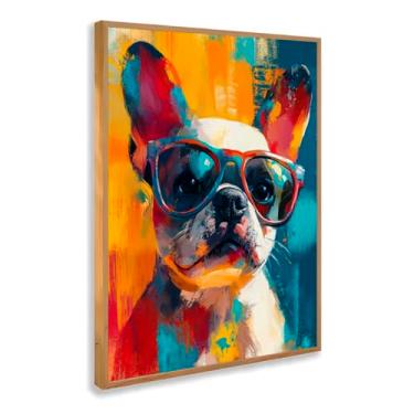 Imagem de Quadro Decorativo Bulldog Francês Óculos Arte Colorida Estilo Pop Moderno Pet Divertido Parede Criativa Com Moldura