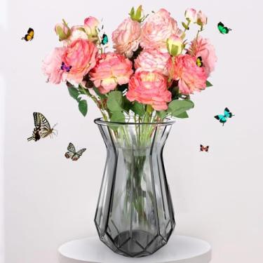 Imagem de Vaso de vidro de 17 cm para flores secas e falsas - Textura de diamante, cinza esfumaçado, grosso 6 mm feito à mão - Peça central para decoração de casa, hidroponia, acessório de fotografia