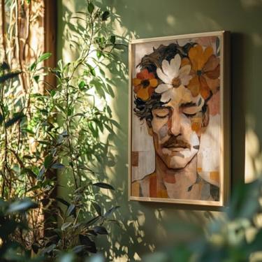Imagem de Quadro Decorativo Homem Flores Com Moldura Retrato Masculino Floral Arte Moderna Romântico Natural Texturizado Criativo Sala Quarto Decoração